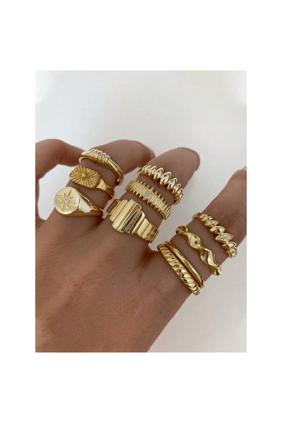 Golden 10 Pieces Fashionable Multi-Piece Rhinestone Star Ring Set