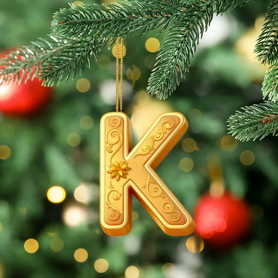 Golden 26 Alphabet Christmas 2D Acrylic Ornaments - 1pc 3.1in(8cm) Cute Backpack & Car Pendant Decor, Festive Holiday Letter Hanging Accessories for Christmas Tree Home Decoration, K