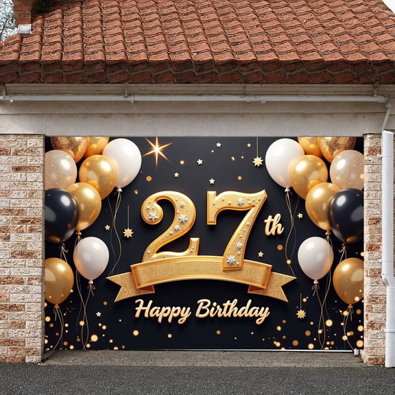 Golden 27th Birthday Banner Star Display Balloon Black Background Backdrop for 27th Birthday Party Indoor Decoration Photo Shoot