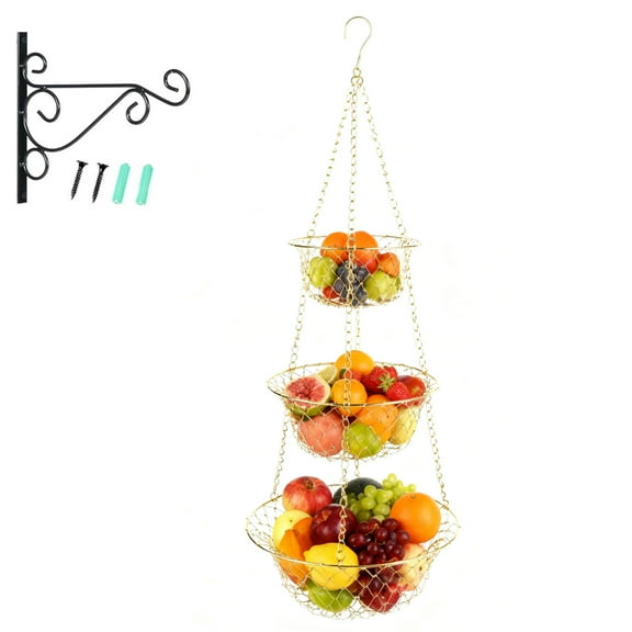 Golden 3-Tier Kitchen Hanging Fruit Baskets, 31.5 Inches,Heavy Duty Wire Hanging Baskets for Kitchen Storage Including Installation Bracket