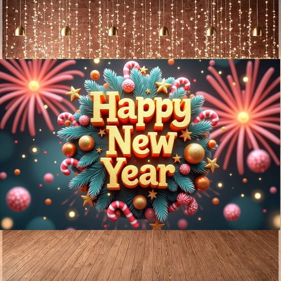 Golden 3D Letters Happy New Year Banner Festive Pine Branches New Year Display Candy Cane Decor Star Ornaments Holiday Backdrop for New Year Party Family Gathering Indoor Decoration