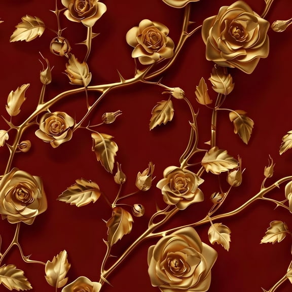 Golden 3D Rose Wallpaper 17.71" X 118.1" Peel and Stick Wallpaper Deep Red Background Wall Paper Retro Aesthetic Wall Contact Paper for Kitchen Hallway Living Room