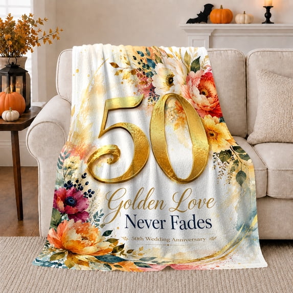Golden 50Th Anniversary Floral Design, Cozy Typography Art Scene, Warm Flannel Blanket for Living Room and Reading Nook, Art Lovers Valentine's Day Gift, Artistic Home Decor
