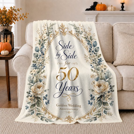 Golden 50Th Anniversary Floral Wreath Blue Script, Cozy Friendship Quote Scene, Warm Flannel Blanket for Living Room and Reading Nook, Art Lovers Friendship Gift, Artistic Home Decor