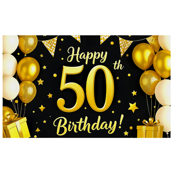 Golden 50th Birthday Banner with Balloons Stars Presents Background, Party Supplies for Birthday Party Photography Props Decorations Happy Birthday Event Celebration