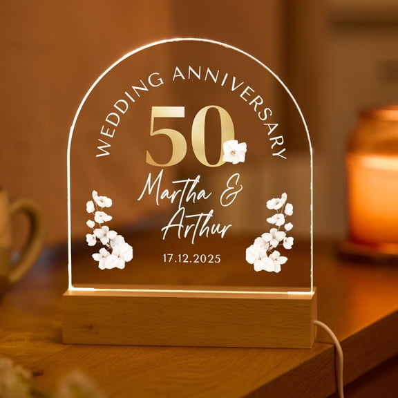 Golden 50th Wedding Anniversary Custom Night Light Acrylic Board Wooden Base Anniversary Gift For Parents Table Lamp