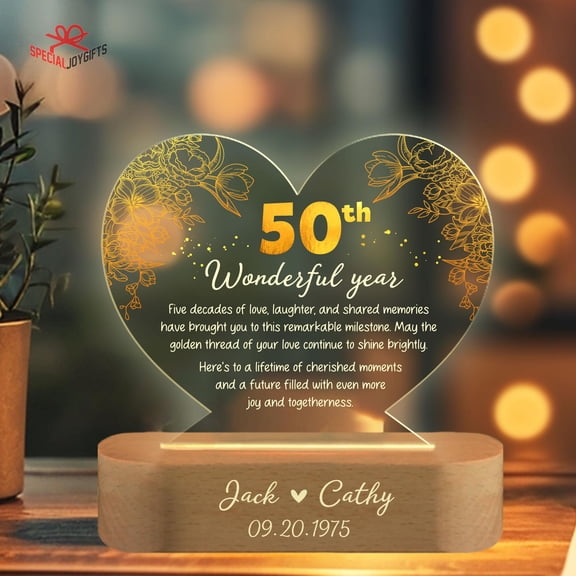 Golden 50th Wedding Anniversary Personalized Light Custom Acrylic Keepsake LED Table Lamp Milestone Anniversary Gift For Parents