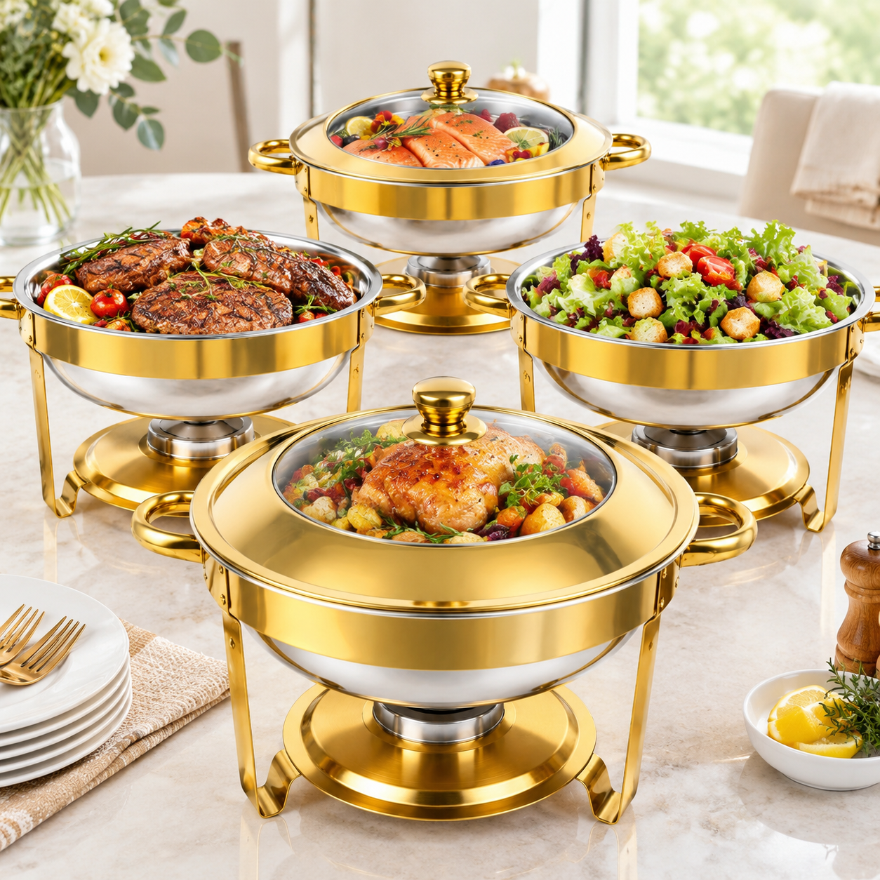 Golden 6QT 4-Pack Stainless Steel Chafing Dishes for Buffet Events ...