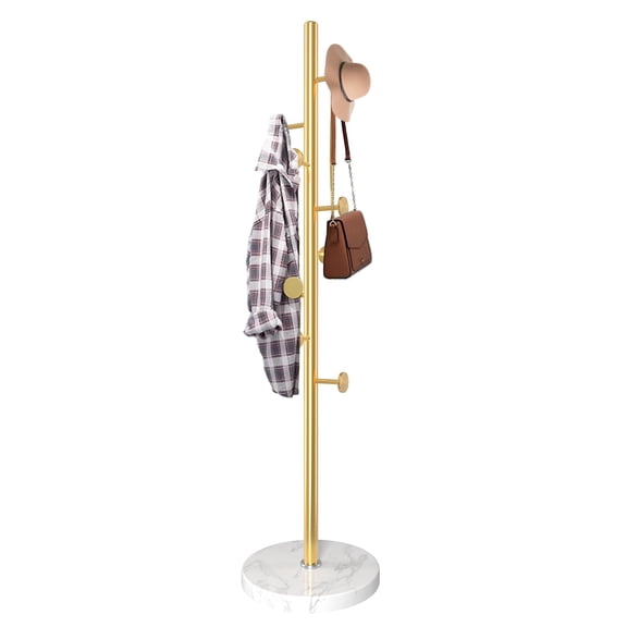 Golden 8-Hook Modern Metal Coat Rack With Marble Base 360 Rotary Hall Tree For Entryway
