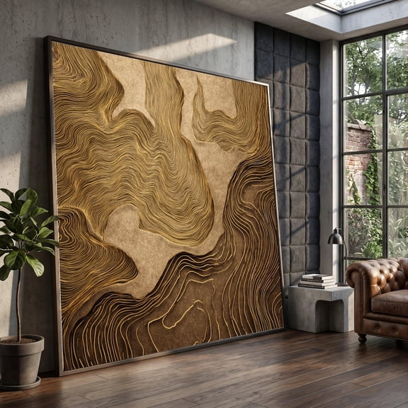 Golden Abstract Contour Art Earth Tone Flowing Pattern Wall Art
