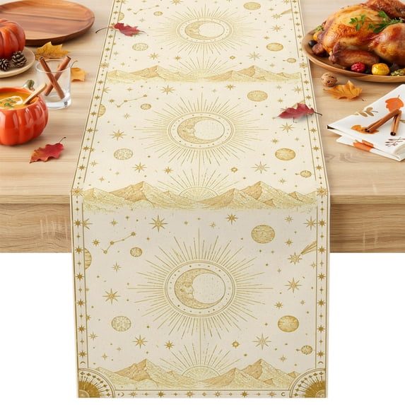 Golden Abstract Cotton Linen Rectangle Table Runners 13"x48", Rising Horizon Sun Mystical Moon Coffee Table Runner Dresser Scarves Luxury Table Runners for Wedding Party Banquet Dinner Decor