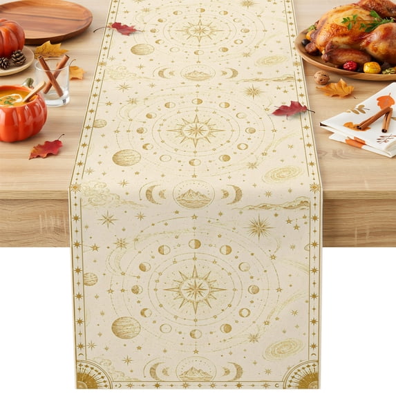 Golden Abstract Cotton Linen Rectangle Table Runners 13"x72", Mystical Moon Universe Planet Coffee Table Runner Dresser Scarves Luxury Table Runners for Wedding Party Banquet Dinner Decor