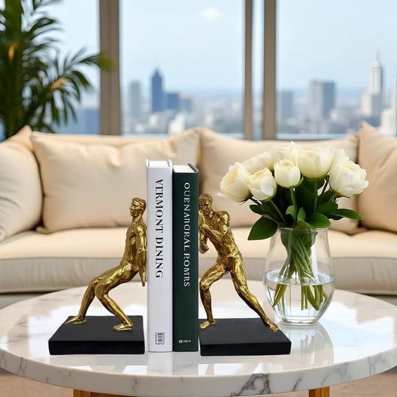 Golden Abstract Man Bookends Set of 2 – Heavy Duty Resin Sculpture Book Stoppers, Decorative Modern Book Ends for Home Office Bookshelf Organizer