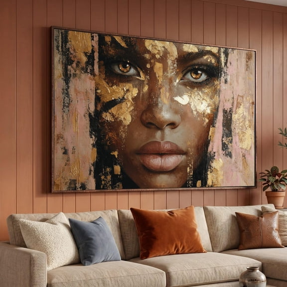 Golden Abstract Portrait Art Woman Face Wall Art Contemporary Fine Art Art Modern Home Decor Ready To Hang Artwork, Unframed Paper Print
