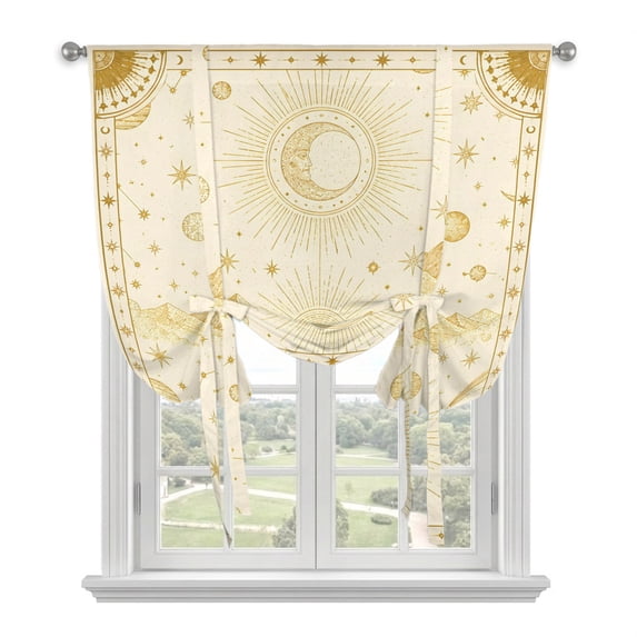 Golden Abstract Tie Up Curtains 45 Inches Long, Kitchen Window Curtains Over Sink, Rising Horizon Sun Mystical Moon Small Window Curtains Shade Balloon Curtains Valances for Bedroom/Cafe 34"x45"