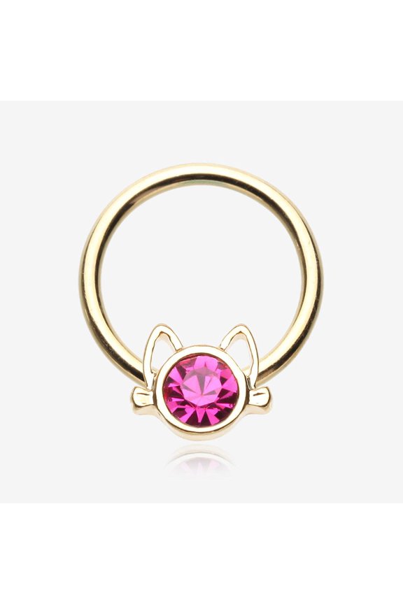 Golden Adorable Cat Face Sparkle Captive Bead Ring