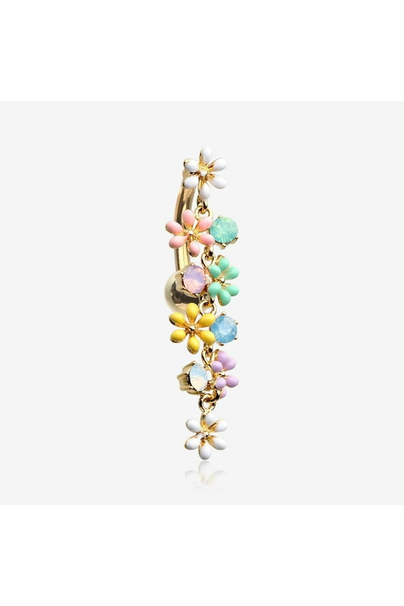 Golden Adorable Flower Dazzle Opalite Sparkle Reverse Belly Button Ring-Multi-Color