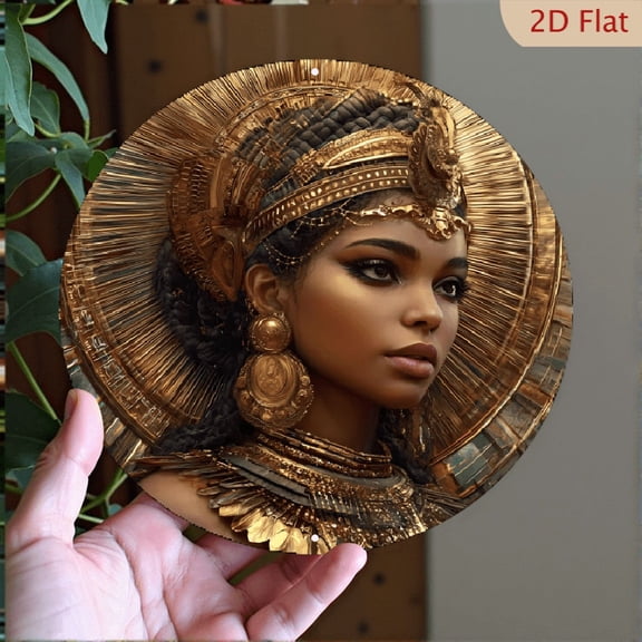 "Golden African Queen" Opulent Sunburst Wall Art Decor, 8" Round Aluminum Metal Signs, Wall Decor For Kitchen, Door, Office, Coffee, Bedroom Decor, Best Gifts For Room, Home, Bathroom Decor, 2D Flat