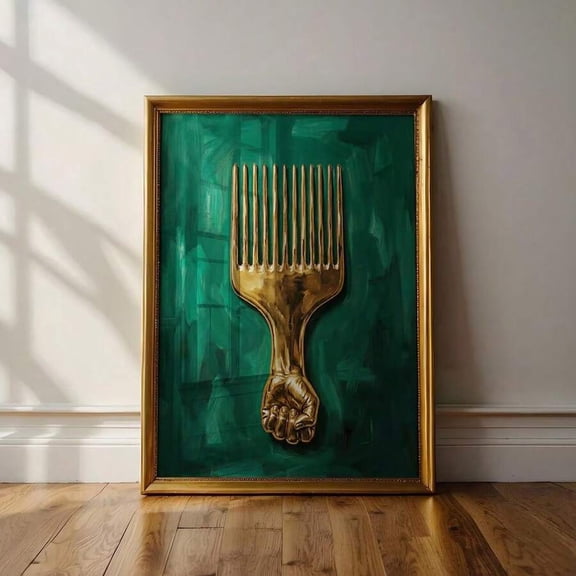 Golden Afro Pick Fist Wall Art Poster, Green Background Black Heritage Canvas Print, Empowering African‑American Culture Living Room Bedroom Home Wall Decor