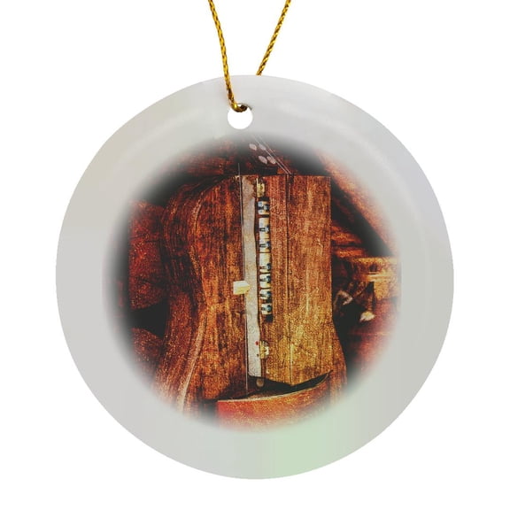 3drose, Golden Age Technologies - Hurdy-gurdy or Lira Tedesca. Stylized Photo, Circle Porcelain Ornament