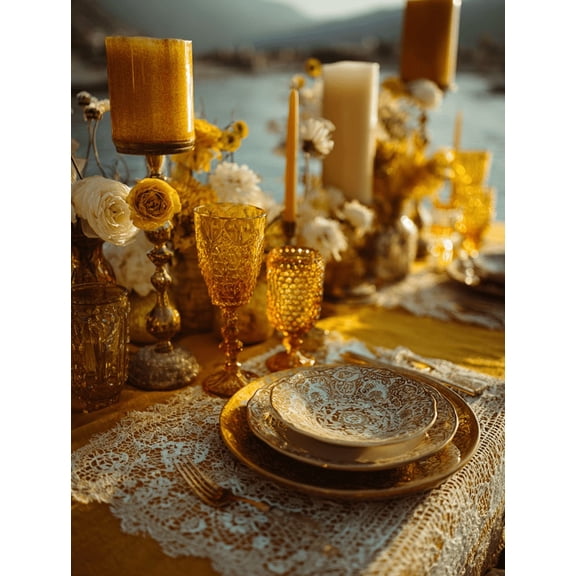 Golden Amber Glassware Wedding Table Canvas Print, Suitable for Dining Room Living Room Kitchen Restaurant Decor