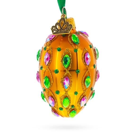 Golden Amber with Pink & Green Jewel Accents Mini Glass Egg Ornament