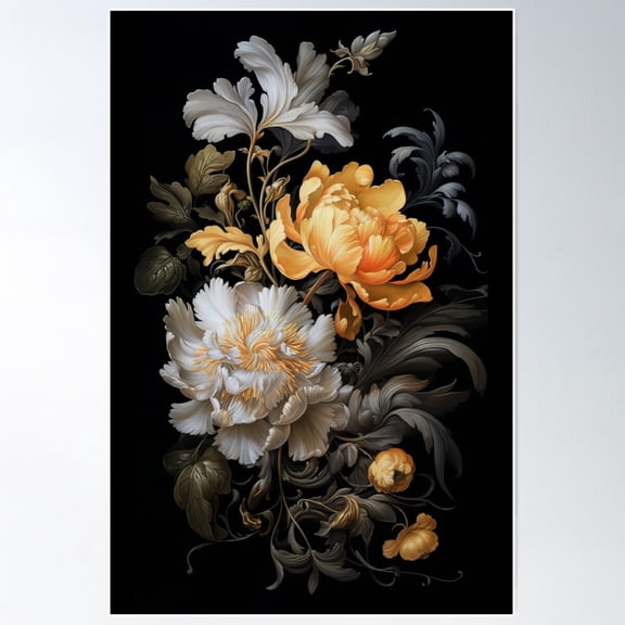 Golden And White Flowers On Black Poster Wall Art, Modern Wall Decor For Living Room Bedroom, 8x12 UNFRAMED