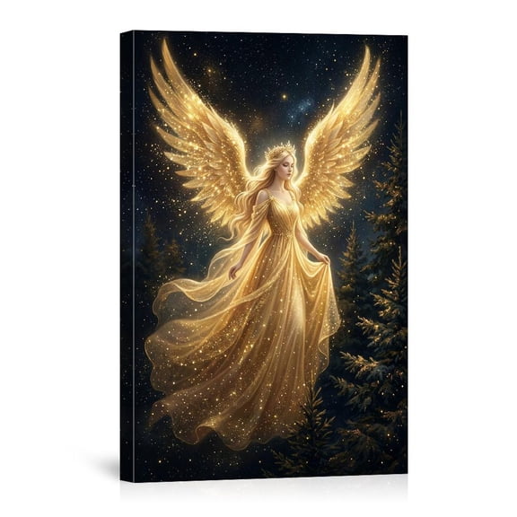 Golden Angel With Glowing Wings In Starry Night Forest Fantasy Home Canvas