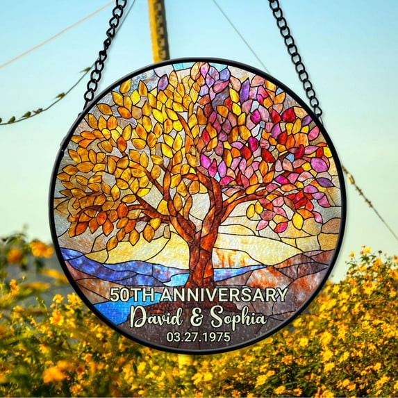 Golden Anniversary Tree of Life Suncatcher, 50th Wedding Window Hanging, Gift for Parents or Grandparents