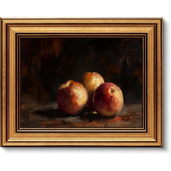 Golden Apple Art Print on Canvas with Rustic Gold Frame, Vintage Farmhouse Style Fruit Wall Decoration for Home