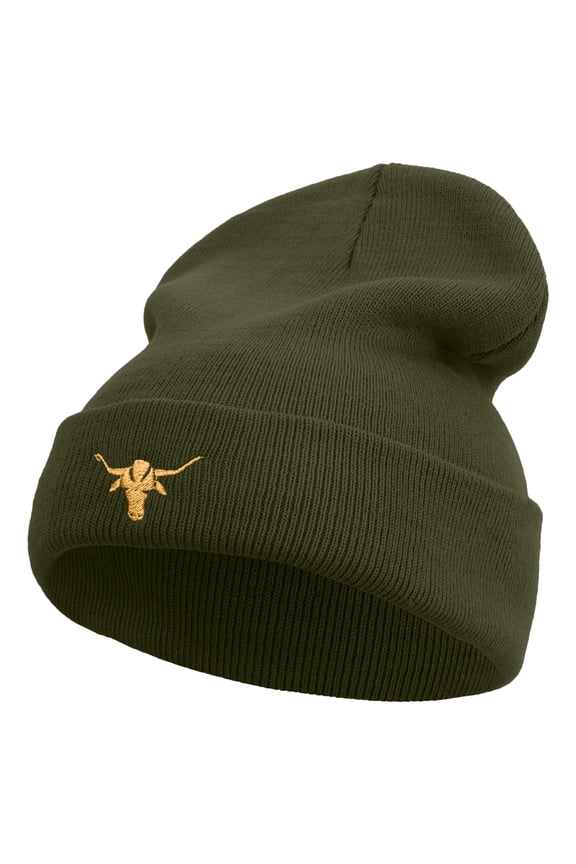 Golden Arizona Bull Icon Embroidered 12 Inch Long Knitted Beanie - Olive OSFM