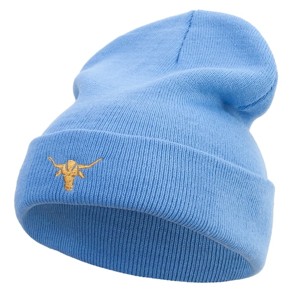 Golden Arizona Bull Icon Embroidered 12 Inch Long Knitted Beanie - Sky Blue OSFM
