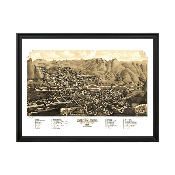 Golden Art, 1882 Vintage Map of Golden Colorado, CO History Wall Decor Gift, Old Golden Map - 24" x 18" Black Framed Print