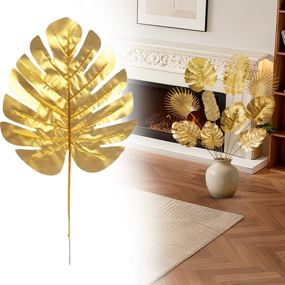 Golden Artificial Monstera Leaves with Stem Medium Size, Faux Gold Monstera Foliage for Table Vase Arrangement
