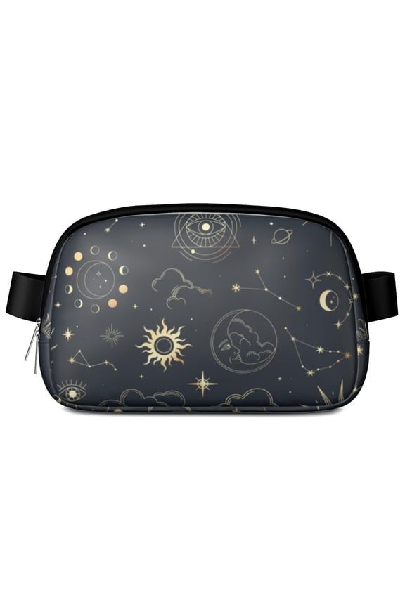 Golden Astrology Fanny Pack – Celestial Sun and Moon Waist Bag for Women with Starry Night Print and Aesthetic Gothic Design