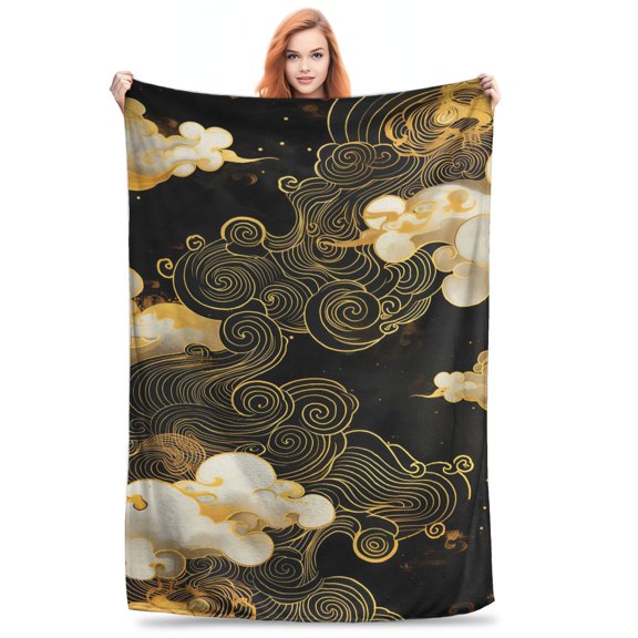 Golden Auspicious Cloud Pattern Print Flannel Throw Blanket