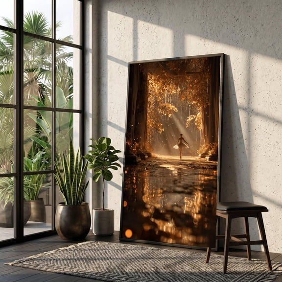 Golden Autumn Ballet Enchanted Forest Art Dance Silhouette Wall Art Warm Light Nature Scene Elegant Home Decoration, Unframed Paper Print