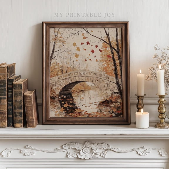 Golden Autumn Bridge Wall Art Print, Romantic Forest And Rustic Cottagecore Decor