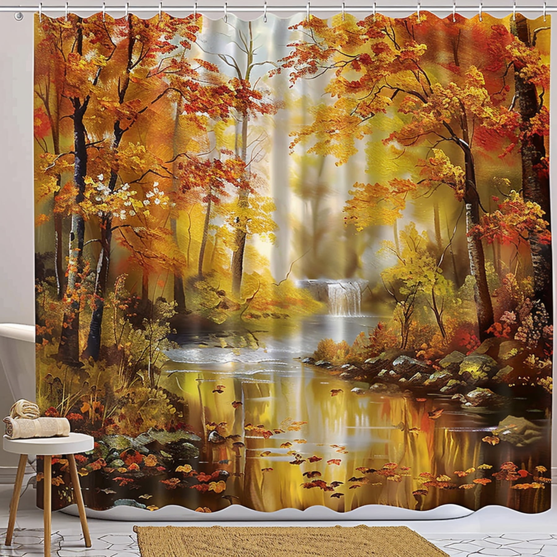 Golden Autumn Forest River Shower Curtain Nature Inspired Bathroom