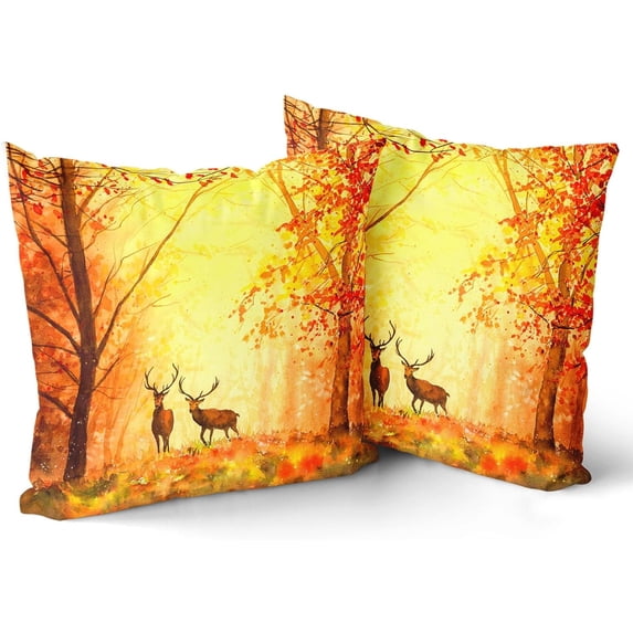 Golden Autumn Leaves Pillow Covers 20x20 Inch Set of 2, Wildlife Elk Deer Animal Throw Pillow Covers Square Cotton Fall Cushion Cover for Home Couch Sofa Patio Bedroom Livingroom