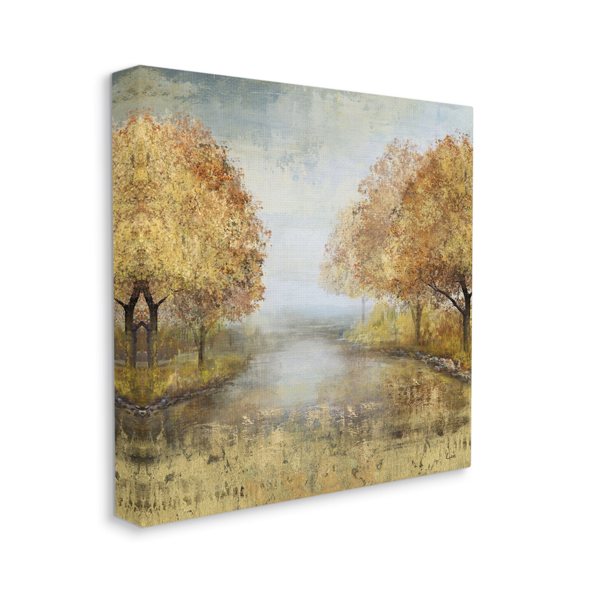 Golden Autumn Tree Forest Landscape Contemporary Scene Landscape Gallery-Wrapped Canvas Print Wall Art, 17x17