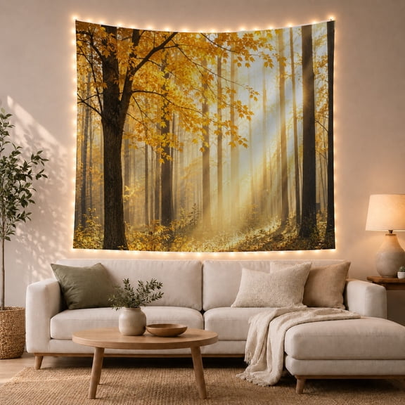Golden Autumn Trees in a Sunlit Forest, Peaceful Digital Art for Nature Lovers, Forest Wall Art, Housewarming Gift, Tapestry Wall Hanging for Bedroom and Living Room