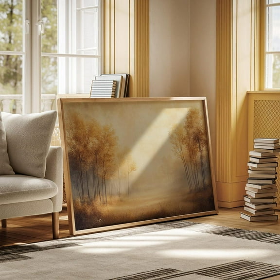 Golden Autumn Trees Wall Art - Misty Morning Landscape Painting, Fall Forest Nature Decor, Serene Seasonal Artwork Wall Art, Modern Wall Decor, 8x12 UNFRAMED