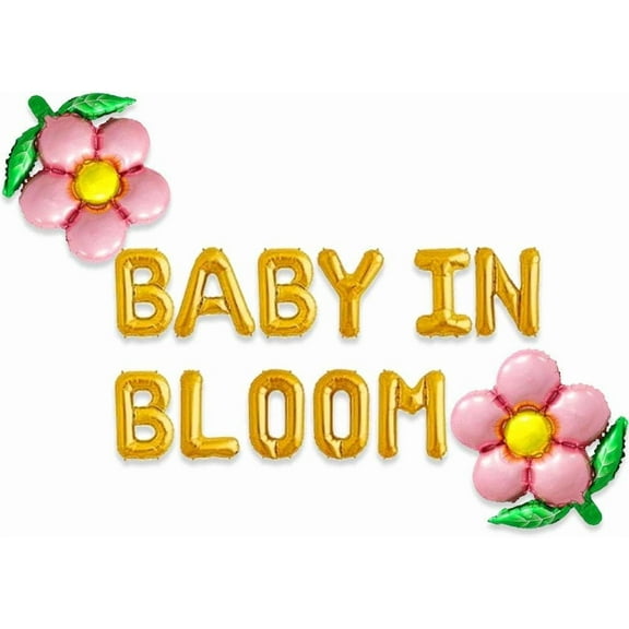 Golden "BABY IN BLOOM" letter balloons + Pink flower aluminum film set - Three-dimensional decoration for baby parties, 11 letters and 2 flowers
