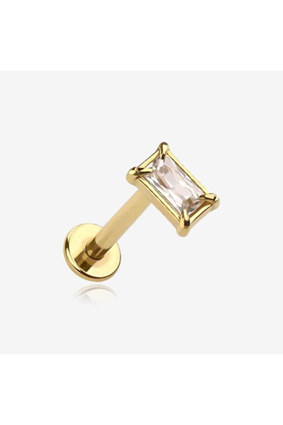 Golden Baguette Prong Set Sparkle Top Internally Threaded Labret Flat Back Stud