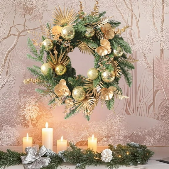 Golden Ball Leaf Christmas Flower Ring, Artificial Pe Needle Garland, Holiday Door Hanging Decoration, Festive Wreath Accent For Seasonal Home Décor