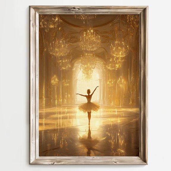 Golden Ballerina Wall Art Print, Grand Ballroom Dance And Romantic Baroque Decor