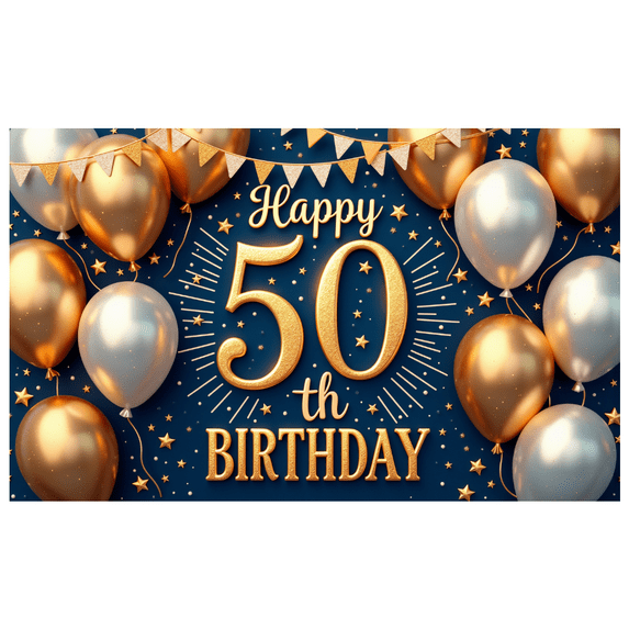 Golden Balloons Happy Birthday Banner Metallic Balloons Fifty Celebration Banner for Milestone Anniversary Party Indoor Event Decoration