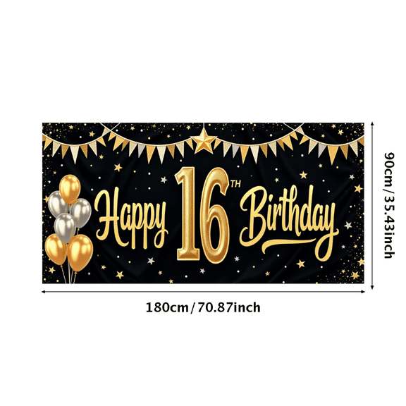 Golden Balloons Happy Birthday Party Banner Decorative Flag for Sweet 16 Indoor Event Celebration