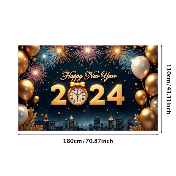 Golden Balloons New Year Banner Fireworks Display Decorative Design Celebration Backdrop for Party Event Home Decoration